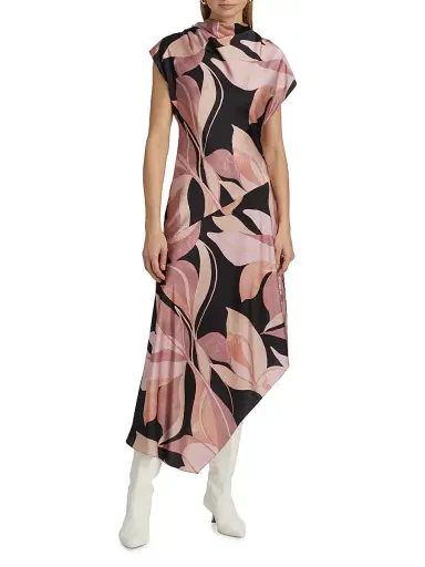 MISA Los Angeles Women's Sally Asymmetric Satin Midi-Dress - Moody Abstract Floral Stn | Thumbnail 3 MISA Los Angeles Women's Sally Asymmetric Satin Midi-Dress - Moody Abstract Floral Stn | Thumbnail 3