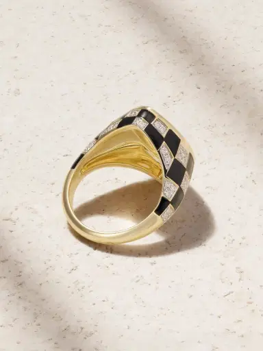 Yvonne Léon Chevalière Marquise Damier 9-karat Gold, Diamond And Enamel Ring | Thumbnail 3 Yvonne Léon Chevalière Marquise Damier 9-karat Gold, Diamond And Enamel Ring | Thumbnail 3
