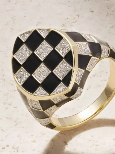 Yvonne Léon Chevalière Marquise Damier 9-karat Gold, Diamond And Enamel Ring | Thumbnail 4 Yvonne Léon Chevalière Marquise Damier 9-karat Gold, Diamond And Enamel Ring | Thumbnail 4