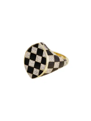 Yvonne Léon Chevalière Marquise Damier 9-karat Gold, Diamond And Enamel Ring | Thumbnail 1 Yvonne Léon Chevalière Marquise Damier 9-karat Gold, Diamond And Enamel Ring | Thumbnail 1
