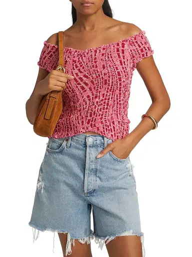 Poupette St Barth Women's Soledad Printed Smocked Off-The-Shoulder Top - Pink Kalina | Thumbnail 3 Poupette St Barth Women's Soledad Printed Smocked Off-The-Shoulder Top - Pink Kalina | Thumbnail 3