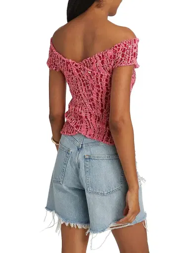 Poupette St Barth Women's Soledad Printed Smocked Off-The-Shoulder Top - Pink Kalina | Thumbnail 5 Poupette St Barth Women's Soledad Printed Smocked Off-The-Shoulder Top - Pink Kalina | Thumbnail 5