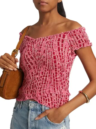 Poupette St Barth Women's Soledad Printed Smocked Off-The-Shoulder Top - Pink Kalina | Thumbnail 6 Poupette St Barth Women's Soledad Printed Smocked Off-The-Shoulder Top - Pink Kalina | Thumbnail 6
