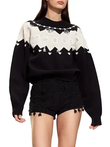 CYNTHIA ROWLEY Women's Milei Beaded Knit Sweater - Black White - Size Large | Thumbnail 1 CYNTHIA ROWLEY Women's Milei Beaded Knit Sweater - Black White - Size Large | Thumbnail 1