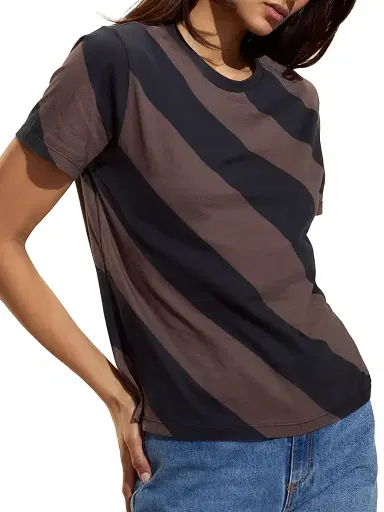 CYNTHIA ROWLEY Women's Diagonal Striped Cotton T-Shirt - Black Brown - Size XS | Thumbnail 4 CYNTHIA ROWLEY Women's Diagonal Striped Cotton T-Shirt - Black Brown - Size XS | Thumbnail 4