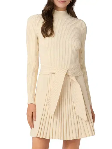 Shoshanna Women's Tara Pleated Knit Tie-Waist Minidress - Cream | Thumbnail 2 Shoshanna Women's Tara Pleated Knit Tie-Waist Minidress - Cream | Thumbnail 2