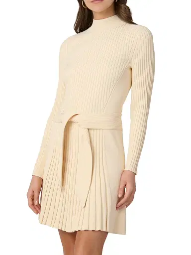 Shoshanna Women's Tara Pleated Knit Tie-Waist Minidress - Cream | Thumbnail 3 Shoshanna Women's Tara Pleated Knit Tie-Waist Minidress - Cream | Thumbnail 3
