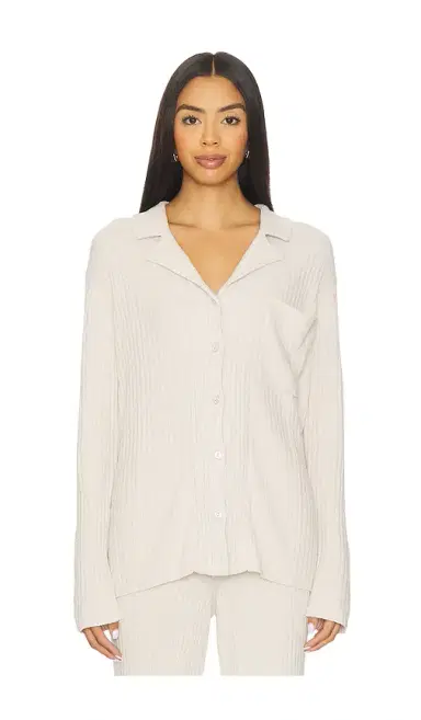 Barefoot Dreams CozyChic Ultra Lite Lurex Rib Button Front Shirt | Thumbnail 1 Barefoot Dreams CozyChic Ultra Lite Lurex Rib Button Front Shirt | Thumbnail 1