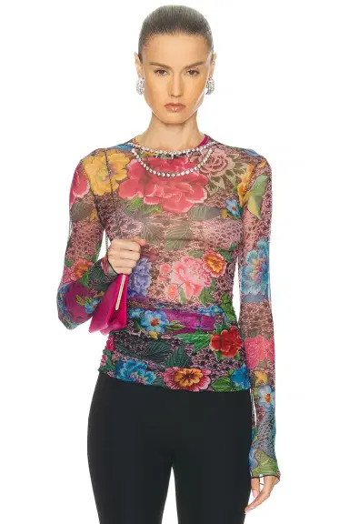 AREA Crystal Embellished Printed Tulle Long Sleeve Top | Thumbnail 3 AREA Crystal Embellished Printed Tulle Long Sleeve Top | Thumbnail 3