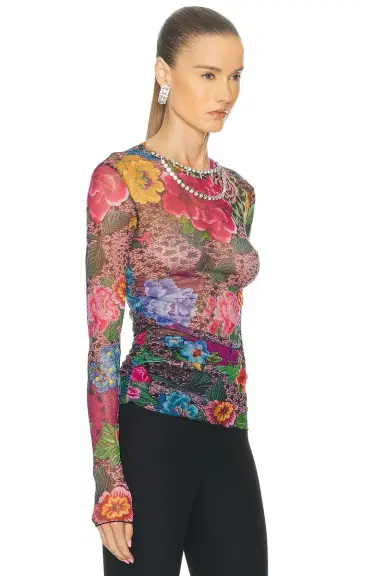 AREA Crystal Embellished Printed Tulle Long Sleeve Top | Thumbnail 4 AREA Crystal Embellished Printed Tulle Long Sleeve Top | Thumbnail 4