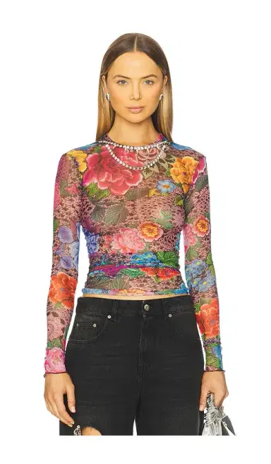 AREA Crystal Embellished Printed Tulle Long Sleeve Top | Thumbnail 1 AREA Crystal Embellished Printed Tulle Long Sleeve Top | Thumbnail 1