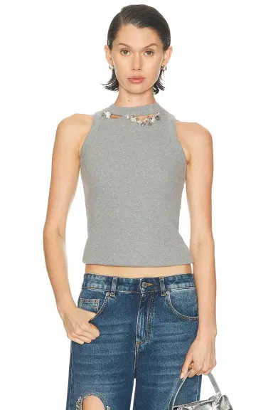 AREA Distressed Crystal Ribbed Knit Tank Top | Thumbnail 1 AREA Distressed Crystal Ribbed Knit Tank Top | Thumbnail 1