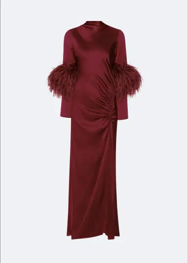 LAPOINTE Satin Tab Gown With Feathers | Thumbnail 3 LAPOINTE Satin Tab Gown With Feathers | Thumbnail 3
