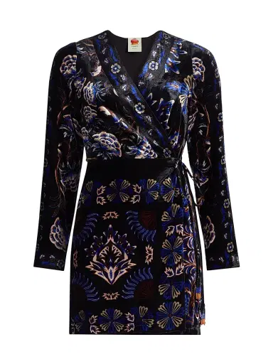 Farm Rio Women's Arabesque Mix Scarves Floral Velvet Wrap Minidress - Black | Thumbnail 1 Farm Rio Women's Arabesque Mix Scarves Floral Velvet Wrap Minidress - Black | Thumbnail 1