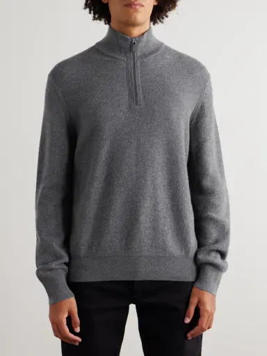 Zegna Leather-Trimmed Oasi Cashmere Half-Zip Sweater - Men | Thumbnail 3 Zegna Leather-Trimmed Oasi Cashmere Half-Zip Sweater - Men | Thumbnail 3