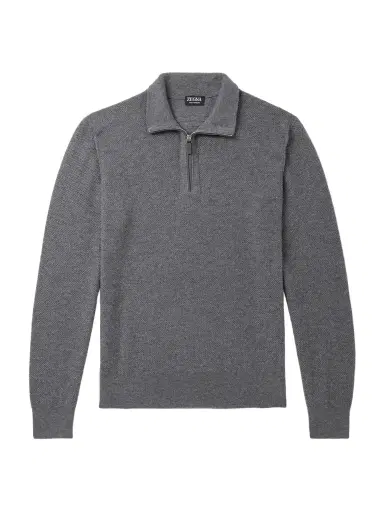 Zegna Leather-Trimmed Oasi Cashmere Half-Zip Sweater - Men | Thumbnail 1 Zegna Leather-Trimmed Oasi Cashmere Half-Zip Sweater - Men | Thumbnail 1