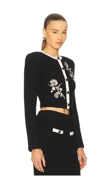 Self-Portrait Black Floral Textured Knit Jacket | Thumbnail 2 Self-Portrait Black Floral Textured Knit Jacket | Thumbnail 2