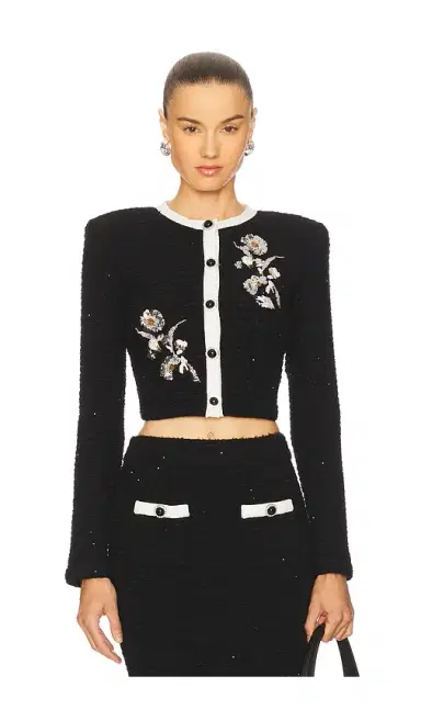 Self-Portrait Black Floral Textured Knit Jacket | Thumbnail 1 Self-Portrait Black Floral Textured Knit Jacket | Thumbnail 1