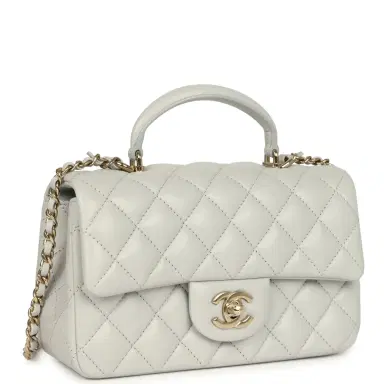 Chanel Chanel Mini Rectangular Flap Bag with Top Handle Light Grey Lambskin Light Gold Hardware | Thumbnail 2 Chanel Chanel Mini Rectangular Flap Bag with Top Handle Light Grey Lambskin Light Gold Hardware | Thumbnail 2