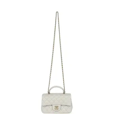Chanel Chanel Mini Rectangular Flap Bag with Top Handle Light Grey Lambskin Light Gold Hardware | Thumbnail 7 Chanel Chanel Mini Rectangular Flap Bag with Top Handle Light Grey Lambskin Light Gold Hardware | Thumbnail 7