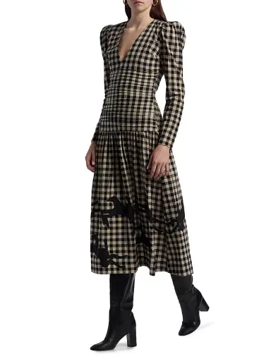 Carolina K Women's Malika Check Cotton Drop-Waist Midi-Dress - Black Plaid | Thumbnail 4 Carolina K Women's Malika Check Cotton Drop-Waist Midi-Dress - Black Plaid | Thumbnail 4