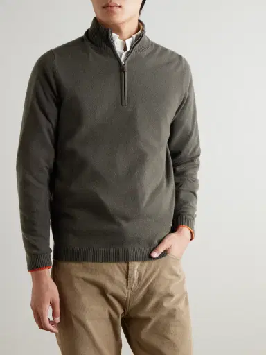 N.Peal Stanley Tucci Leather-Trimmed Half-Zip Sweater - Men | Thumbnail 3 N.Peal Stanley Tucci Leather-Trimmed Half-Zip Sweater - Men | Thumbnail 3