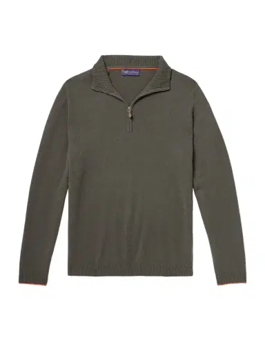 N.Peal Stanley Tucci Leather-Trimmed Half-Zip Sweater - Men | Thumbnail 1 N.Peal Stanley Tucci Leather-Trimmed Half-Zip Sweater - Men | Thumbnail 1