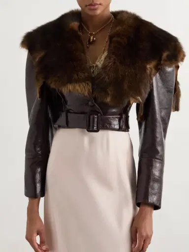 Chloé Cropped Belted Shearling-trimmed Glossed-leather Jacket | Thumbnail 3 Chloé Cropped Belted Shearling-trimmed Glossed-leather Jacket | Thumbnail 3