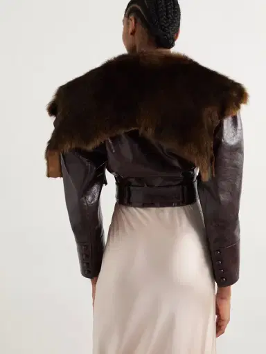 Chloé Cropped Belted Shearling-trimmed Glossed-leather Jacket | Thumbnail 4 Chloé Cropped Belted Shearling-trimmed Glossed-leather Jacket | Thumbnail 4