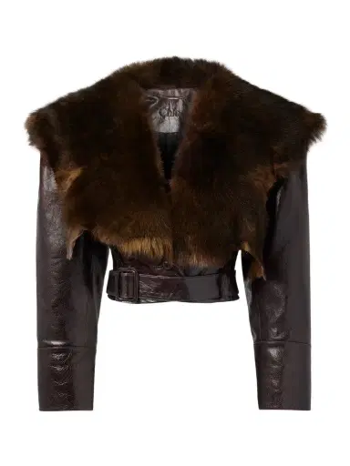 Chloé Cropped Belted Shearling-trimmed Glossed-leather Jacket | Thumbnail 1 Chloé Cropped Belted Shearling-trimmed Glossed-leather Jacket | Thumbnail 1