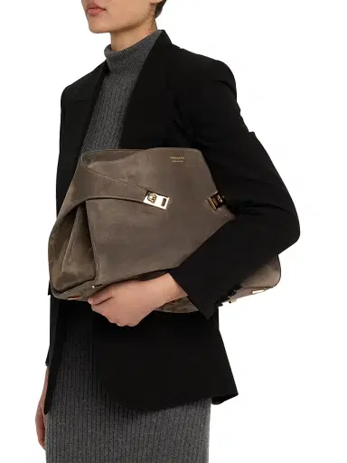 FERRAGAMO Women's Hug Soft Suede Top Handle Bag - Concrete | Thumbnail 3 FERRAGAMO Women's Hug Soft Suede Top Handle Bag - Concrete | Thumbnail 3