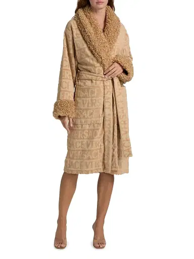 Versace Women's Faux Fur-Trim Logo Terry Bathrobe - Camel | Thumbnail 2 Versace Women's Faux Fur-Trim Logo Terry Bathrobe - Camel | Thumbnail 2