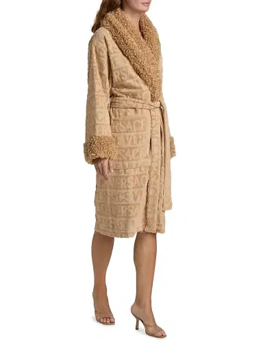 Versace Women's Faux Fur-Trim Logo Terry Bathrobe - Camel | Thumbnail 4 Versace Women's Faux Fur-Trim Logo Terry Bathrobe - Camel | Thumbnail 4