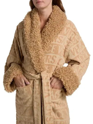 Versace Women's Faux Fur-Trim Logo Terry Bathrobe - Camel | Thumbnail 6 Versace Women's Faux Fur-Trim Logo Terry Bathrobe - Camel | Thumbnail 6