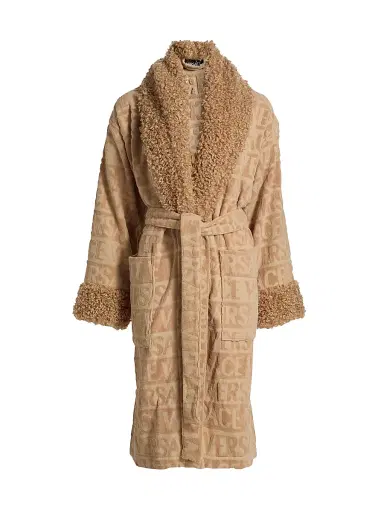 Versace Women's Faux Fur-Trim Logo Terry Bathrobe - Camel | Thumbnail 1 Versace Women's Faux Fur-Trim Logo Terry Bathrobe - Camel | Thumbnail 1