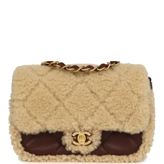Chanel Mini Shearling Flap Bag Brown Lambskin Brushed Gold Hardware Chanel Mini Shearling Flap Bag Brown Lambskin Brushed Gold Hardware