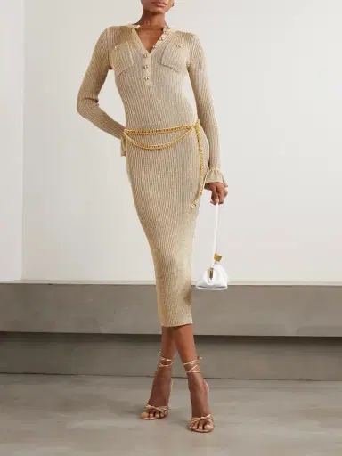 Self-Portrait Belted Ruffled Metallic Ribbed-knit Midi Dress | Thumbnail 2 Self-Portrait Belted Ruffled Metallic Ribbed-knit Midi Dress | Thumbnail 2