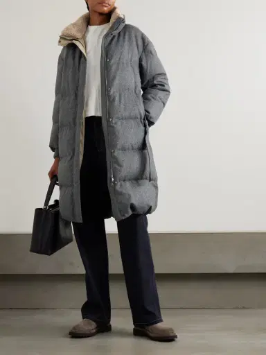 Brunello Cucinelli Belted Quilted Shearling-trimmed Wool Down Coat | Thumbnail 2 Brunello Cucinelli Belted Quilted Shearling-trimmed Wool Down Coat | Thumbnail 2