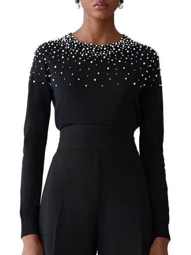 Carolina Herrera Women's Imitation Pearl-Embellished Silk-Cotton Sweater - Black White | Thumbnail 3 Carolina Herrera Women's Imitation Pearl-Embellished Silk-Cotton Sweater - Black White | Thumbnail 3