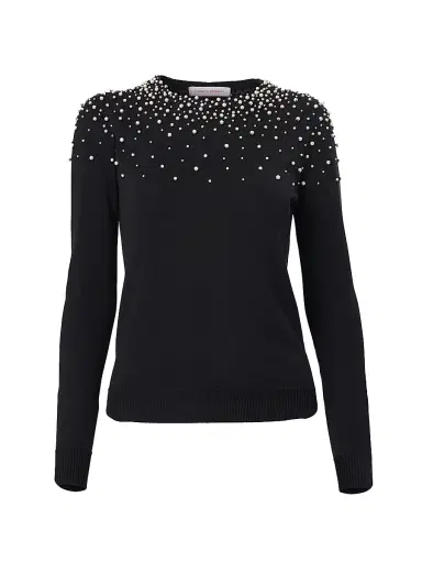Carolina Herrera Women's Imitation Pearl-Embellished Silk-Cotton Sweater - Black White | Thumbnail 1 Carolina Herrera Women's Imitation Pearl-Embellished Silk-Cotton Sweater - Black White | Thumbnail 1