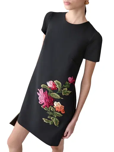 Carolina Herrera Women's Chrysanthemum-Embroidered Stretch-Wool Minidress - Black Multi - Size 4 | Thumbnail 5 Carolina Herrera Women's Chrysanthemum-Embroidered Stretch-Wool Minidress - Black Multi - Size 4 | Thumbnail 5