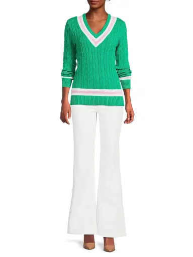 Lilly Pulitzer Women's Brockton Striped Cotton Cable-Knit Sweater - Kitts Green Pink Bliss - Size Large | Thumbnail 2 Lilly Pulitzer Women's Brockton Striped Cotton Cable-Knit Sweater - Kitts Green Pink Bliss - Size Large | Thumbnail 2