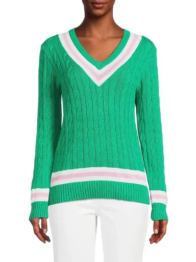 Lilly Pulitzer Women's Brockton Striped Cotton Cable-Knit Sweater - Kitts Green Pink Bliss - Size Large | Thumbnail 3 Lilly Pulitzer Women's Brockton Striped Cotton Cable-Knit Sweater - Kitts Green Pink Bliss - Size Large | Thumbnail 3