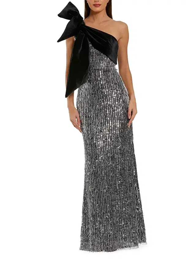 Women's Sequin & Bead-Embellished One-Shoulder Gown - Black Silver Women's Sequin & Bead-Embellished One-Shoulder Gown - Black Silver