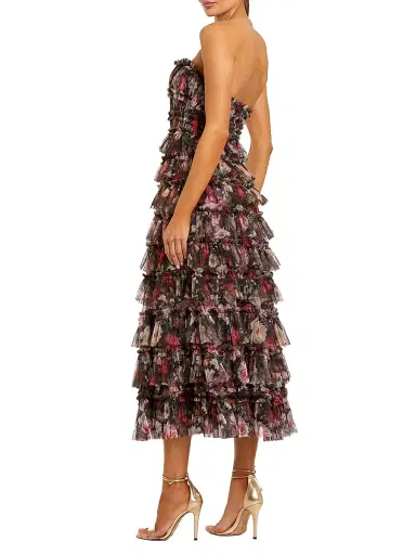 Mac Duggal Women's Tiered Ruffled Floral Strapless A-Line Midi-Dress - Black Multi - Size 14 | Thumbnail 2 Mac Duggal Women's Tiered Ruffled Floral Strapless A-Line Midi-Dress - Black Multi - Size 14 | Thumbnail 2