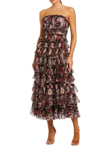 Mac Duggal Women's Tiered Ruffled Floral Strapless A-Line Midi-Dress - Black Multi - Size 14 | Thumbnail 1 Mac Duggal Women's Tiered Ruffled Floral Strapless A-Line Midi-Dress - Black Multi - Size 14 | Thumbnail 1