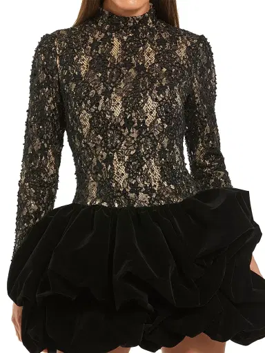 Mac Duggal Women's Sequined Lace & Velvet Bubble-Hem Minidress - Black | Thumbnail 4 Mac Duggal Women's Sequined Lace & Velvet Bubble-Hem Minidress - Black | Thumbnail 4