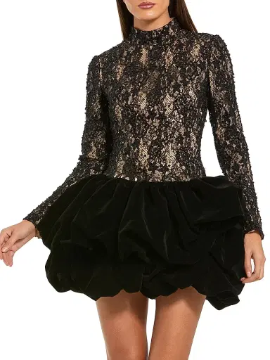 Mac Duggal Women's Sequined Lace & Velvet Bubble-Hem Minidress - Black | Thumbnail 1 Mac Duggal Women's Sequined Lace & Velvet Bubble-Hem Minidress - Black | Thumbnail 1