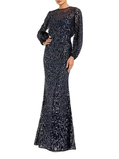 Mac Duggal Women's Beaded Mesh Long-Sleeve Blouson Gown | Thumbnail 1 Mac Duggal Women's Beaded Mesh Long-Sleeve Blouson Gown | Thumbnail 1