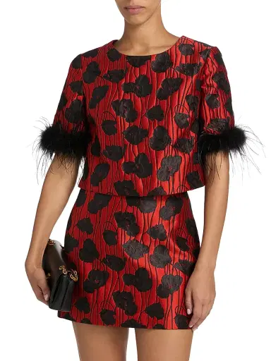 Milly Women's Ruthe Poppy Jacquard Feather-Trimmed Top - Red Black - Size XS | Thumbnail 3 Milly Women's Ruthe Poppy Jacquard Feather-Trimmed Top - Red Black - Size XS | Thumbnail 3